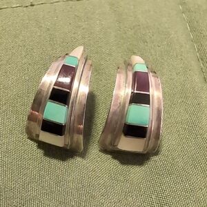 Vintage Sterling Silver Multi-Stone Inlay Earrings